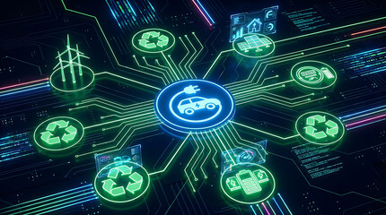 Obraz premium Electric vehicle charging infrastructure concept with sustainable energy icons