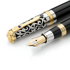 Photorealistic fountain pen with intricate metallic details and a glossy