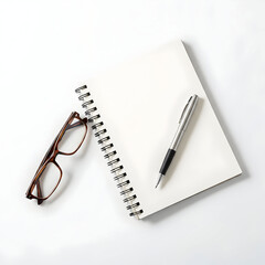 Notepad glasses and pen on a white background top view