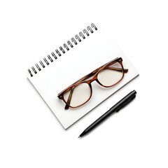Notepad glasses and pen on a white background top view