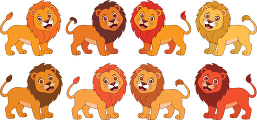 Cute lion cartoon characters collection vector illustration featuring standing safari wildlife animals isolated on white for children and nature designs © Creative design