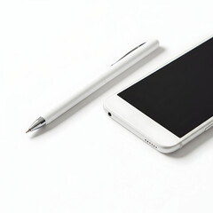 A white pen with a silver tip lies horizontally
