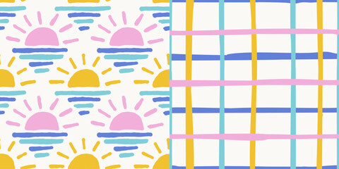 Vector seamless pattern set featuring tropical sunrise motif and colorful grid layout in pastel tones.