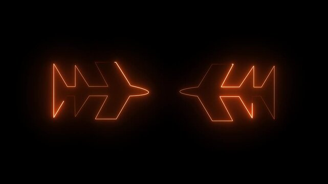 Glowing neon rocket icon isolated on black background. Spacecraft flight, space technology, startup launch, business boost. Airplane line path animation.