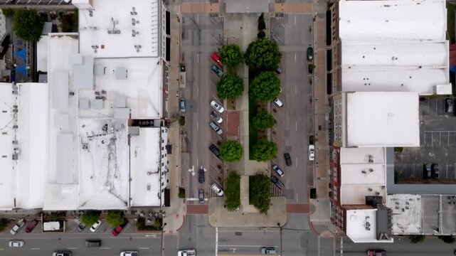 Downtown Macon, Georgia with drone video overhead and moving.