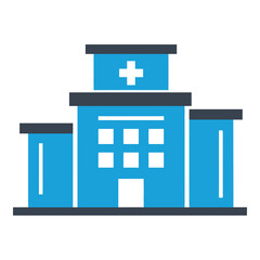 Blue hospital building icon with white cross and windows  medical facility symbol icon
