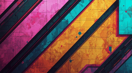 Abstract Stylized Sci-Fi Geometric Texture with Vibrant Diagonal Stripes and Grunge Grid Pattern