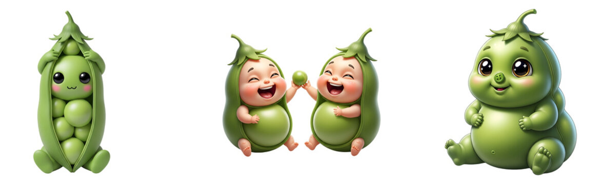 A set of adorable cartoon pea characters on transparent background
