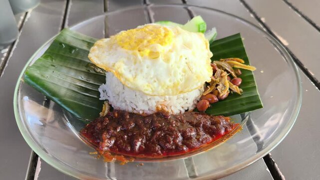 Fragrant nasi lemak is served on a glass plate with a fried egg. It comes complete with spicy sambal, crunchy peanuts, and fresh cucumber slices. This iconic Malaysian dish is ready to enjoy.