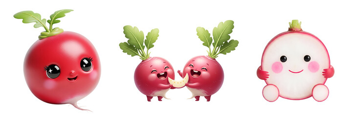 A group of cute radish characters on transparent background