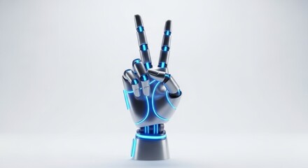 Fototapeta premium A sleek, metallic robotic hand makes a clear peace sign gesture, highlighted by glowing blue lights, against a clean, minimalistic white background, conveying a message of futuristic harmony.