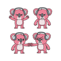 Obraz premium Cartoon koalas with headphones showing different emotions on white background