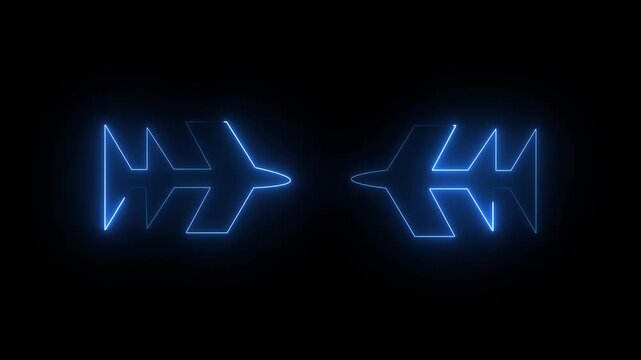 Glowing neon rocket icon isolated on black background. Spacecraft flight, space technology, startup launch, business boost. Airplane line path animation.
