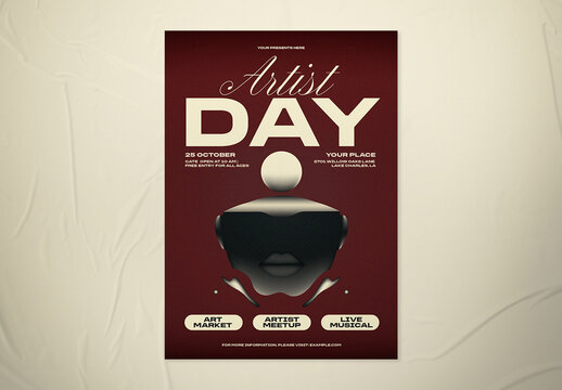 Maroon Quirky Illustration International Artist Day Flyer