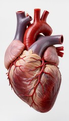 Highly detailed anatomical human heart model isolated on a white background, showing realistic arteries, veins, aorta, and muscular tissue structure in medical and scientific style.