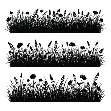 Wildflowers in grassy field minimalist black and white line art vector illustration
