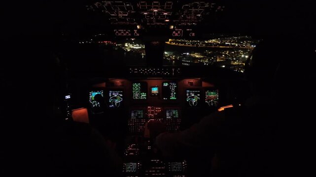 Immsersive real time night approach to Ibiza (IBZ) in a windy night with turbulence, overflying Ibiza city and the coast, with the runway RWY24 lights ahead.