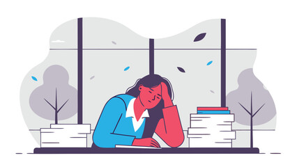 Overwhelmed woman resting her head on a desk, surrounded by tall paper stacks, working in an office during autumn.