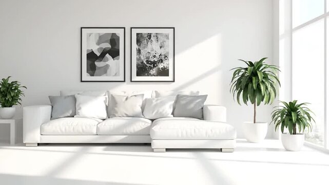 Modern Living Room with White Sofa and Plants.