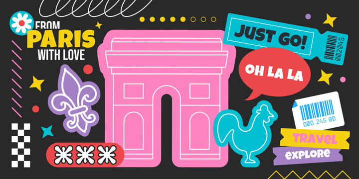 Paris travel stickers collage with Arc de Triomphe, rooster and fleur de lis. Colorful pop art tourism illustration on black background