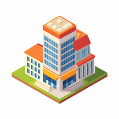 Modern commercial building with multiple stories and glass facade in isometric view