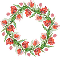 Elegant watercolor wreath made of vibrant red tulips and fresh green leaves. This hand-painted floral circular frame is perfect for spring wedding invitations, greeting cards