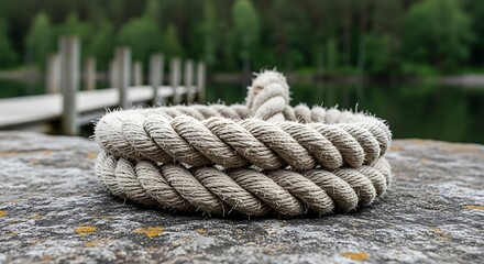 Fototapeta premium Thick beige rope coiled on weathered stone near serene lake dock
