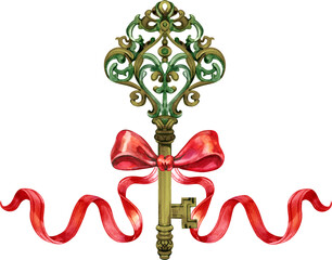 Hand-painted watercolor illustration of an ornate vintage golden key adorned with an elegant red silk ribbon bow. This heraldic decorative element is perfect for wedding invitations, mystery themes