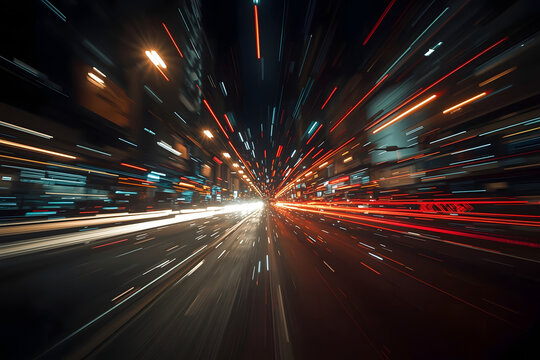 Long exposure shot of a city street at night with colorful light trails radiating outward