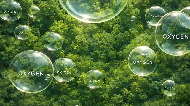 Oxygen bubbles floating over green forest canopy ecosystem clean air photosynthesis