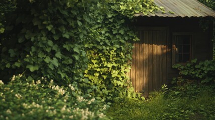 Dense Vines and Plants Covering a Rustic Wooden Shed Surrounded by Lush Greenery in Nature