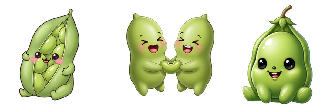 Three cute cartoon pea pods with happy faces on transparent background