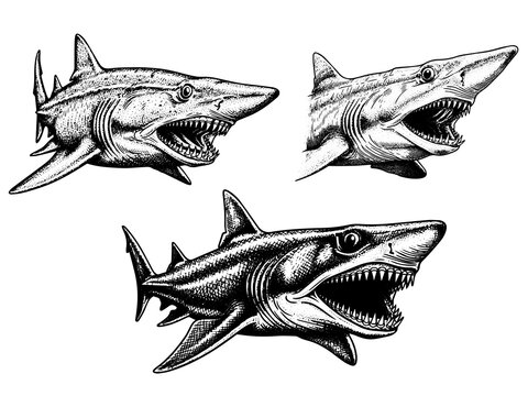 Goblin shark protruding jaws engraving illustration deep sea tattoo