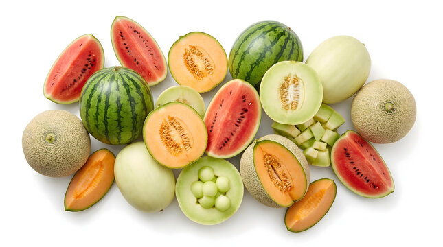 Assortment of whole and sliced melons including watermelon, cantaloupe, honeydew, and piel de sapo on white background
