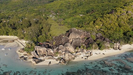 Naklejka premium Aerial view of Anse Source d'Argent beach on La Digue Island, Seychelles