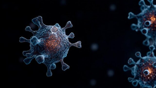 Microscopic virus cell with glowing core infectious disease medical research pathogen visualization