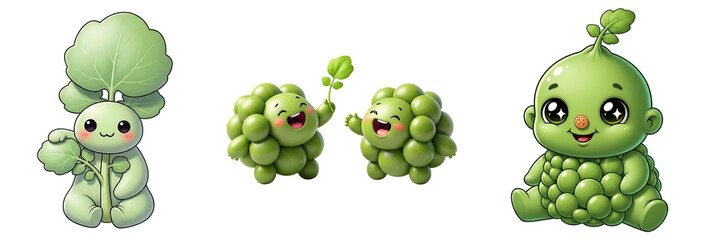 Fototapeta premium A group of adorable cartoon green creatures with different expressions on transparent background