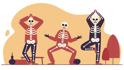 Three funny skeletons practicing various yoga poses, including tree pose, in an outdoor park during autumn.