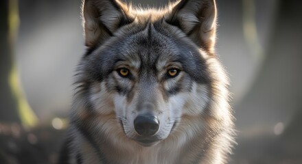 Obraz premium A majestic grey wolf with intense yellow eyes staring directly forward in a natural, sunlit forest setting.
