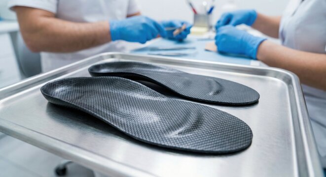 Custom carbon fiber orthotic insoles on medical tray