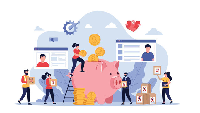 Community members participating in a crowdfunding and social donation campaign by contributing coins to a giant piggy bank for charity.