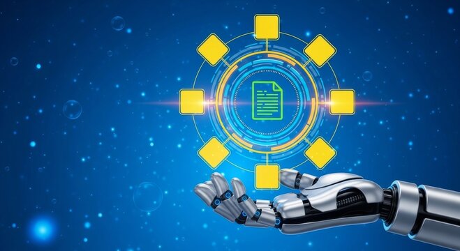 A metallic robotic hand cradles a brilliant blue digital wheel diagram, featuring a central document icon encircled by interconnected yellow square nodes on a dark blue background.