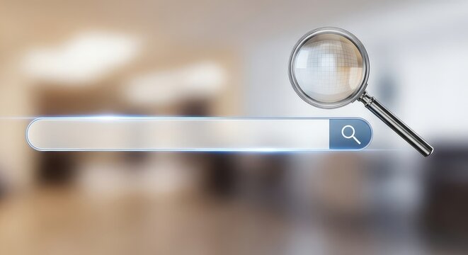 Magnifying glass hovering over a search bar on a blurred background with a blue submit button
