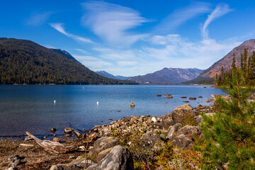 Wenatchee Lake in Washington. Beautiful color of water in sunny weather