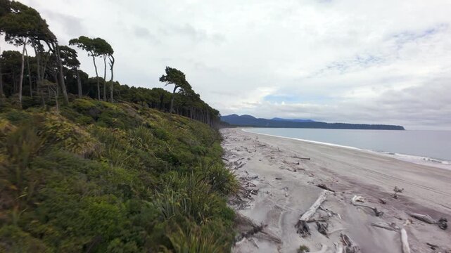 Fast FPV drone flight along the beach at Bruce Bay, South Island, New Zealand