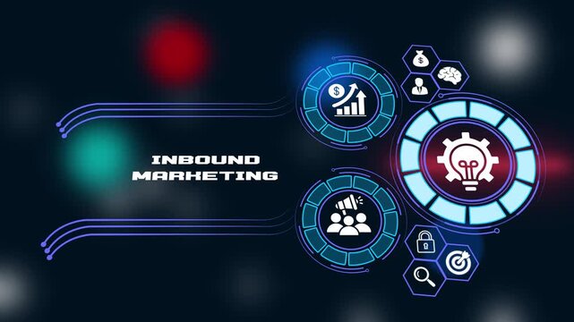 Inbound Marketing Concept with Digital Content Strategy HUD Interface and Customer Attraction Lead Generation Icons for Sales Growth and Engagement