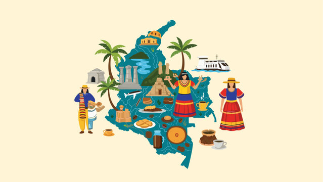 Illustrated map of Colombia featuring various cultural landmarks, traditional costumes, coffee, and local food items.
