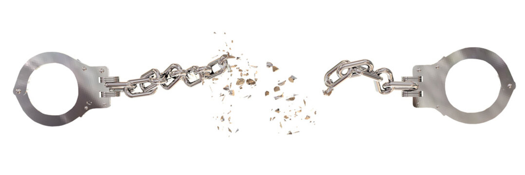 handcuffs chain breaking isolated background, - 3d rendering