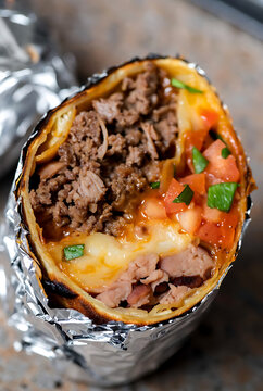 Delicious gourmet burrito cut in half revealing savory meat, cheese, tomato, and herbs on foil wrap
