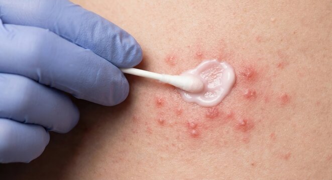 Dermatologist applying soothing pink ointment to skin rash